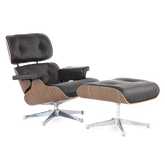 Eames Style Lounge Chair & Ottoman - Brown Leather, Walnut Veneer & Chrome Base